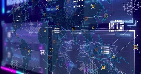 Projecting translucent global data network dashboard with holographic panels and nodes