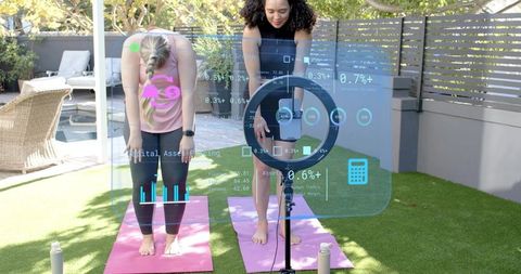 Partner yoga workshop with smartphone rig and augmented reality fitness analytics