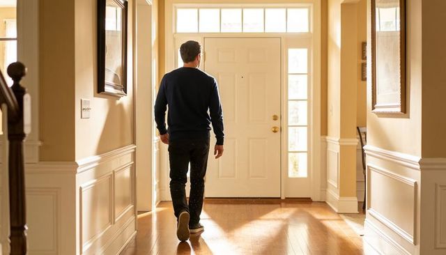 Middle-aged man walking toward sunlit front door in elegant foyer with hardwood floors