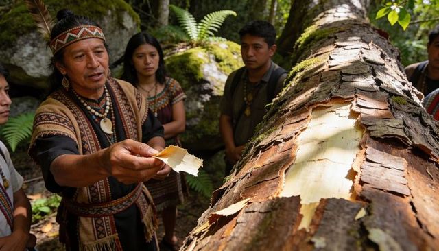 Indigenous elder demonstrating traditional bark harvesting and cultural teachings in forest