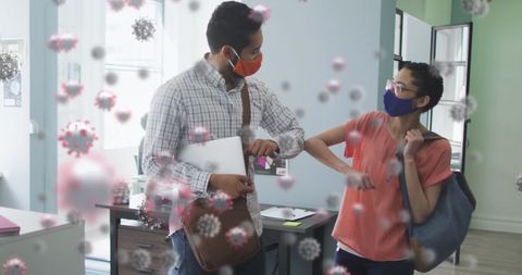 Office workers practicing social distancing with floating virus illustrations