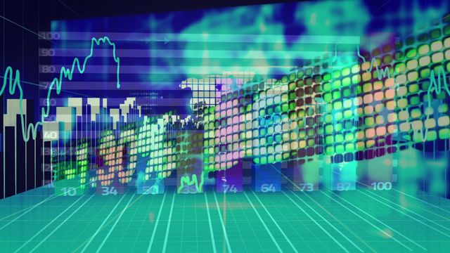 Dynamic display of financial data with abstract digital elements, representing modern financial analysis and market trends. Ideal for use in financial reports, business presentations, technology reviews, and articles on economic forecasting. Visualization of complex data and market predictions embraced by technological advancements.