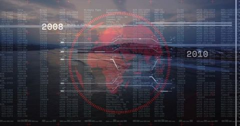 Futuristic HUD Data Overlay with Red Africa Map, Circuit Lines and Waterfront Dusk 2008–2010