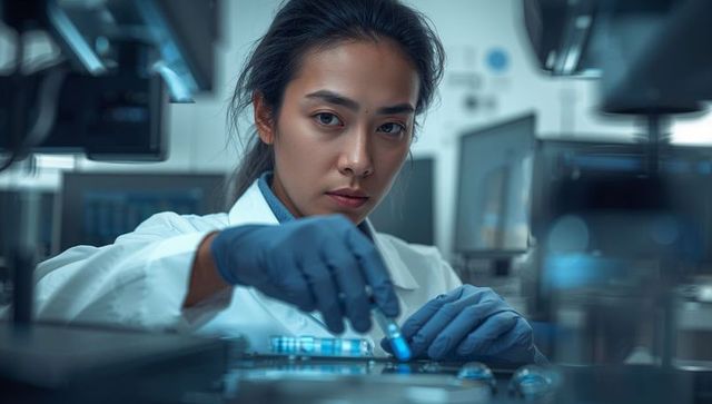 Focused Scientist Handling Glowing Test Tube in Modern Lab