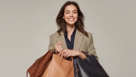Smiling model presenting three leather tote bags while adjusting blazer over navy blouse
