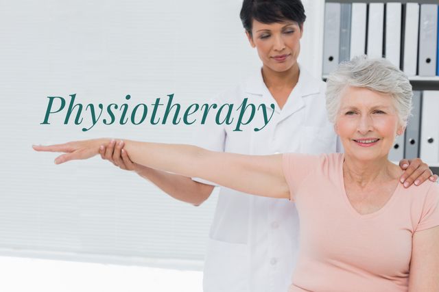 Promoting wellness services, an elderly woman receiving physiotherapy assistance from a professional conveys care and recovery. Ideal for medical brochures, the template can also be used for healthcare blogs and senior fitness programs.