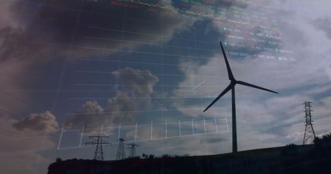 Renewable Energy Financial Data Overlay on Wind Turbine - Download Free Stock Images Pikwizard.com