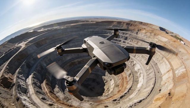 Hovering Drone Capturing Aerial View of Terraced Open-Pit Mine and Sunlit Bench Levels