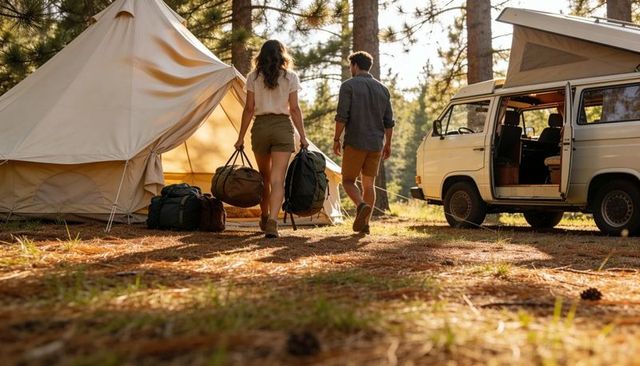 Couple carrying backpacks toward canvas tent beside camper van at sunlit pine forest camp
