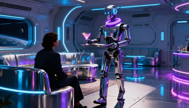 Serving chrome robot carrying neon pink martini in futuristic spacecraft lounge