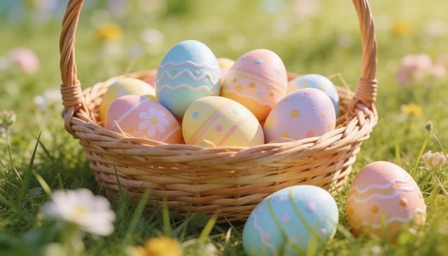 Sunlit easter basket with pastel hand-painted eggs on meadow grass for spring celebration