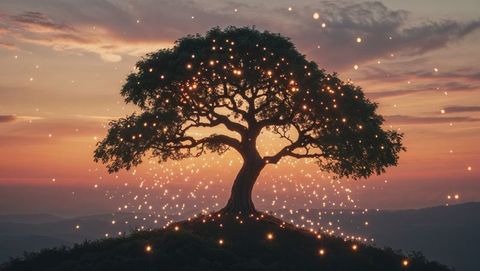 Enchanted dreaming tree at twilight with glowing light orbs and vibrant dusk sky