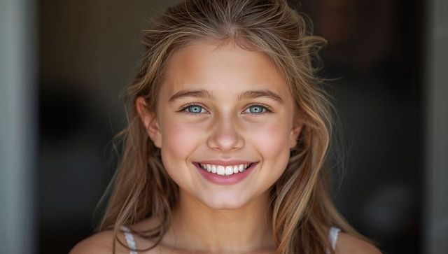 Smiling blonde girl close-up portrait, posing indoors with blue eyes and warm natural light