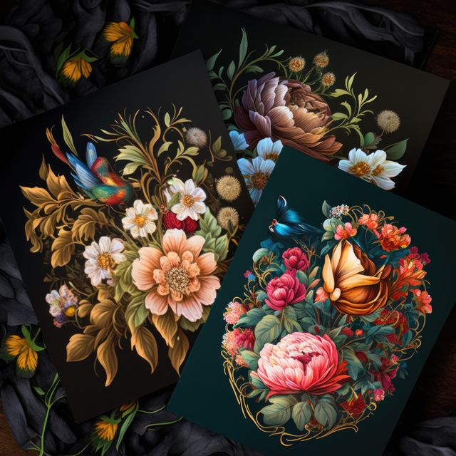This artwork features vintage-inspired floral designs with vibrant birds perched among the flowers, all set against dark backgrounds. Each piece showcases a lush rich bouquet of intricately detailed blossoms in a classic, elegant style. Ideal for adding a sophisticated touch to home decor, wall art, stationery, and fashion prints.