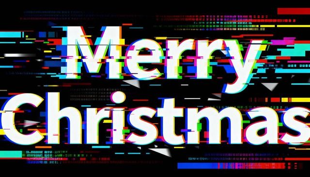 Glitching merry christmas typography with neon rgb scanlines on black canvas