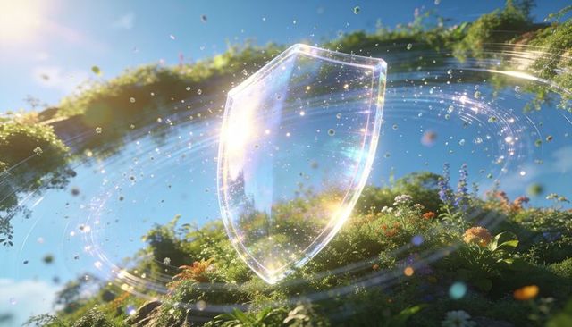 Iridescent crystal shield hovering above meadow refracting sunlight and sparkling rings