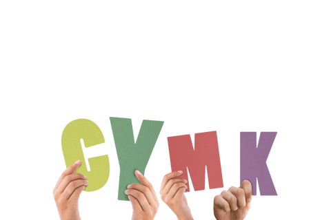 Transparent CMYK Letters Held by Diverse Hands