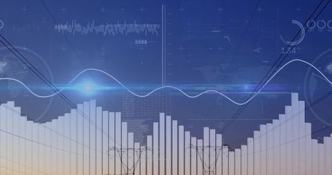 Energy grid analytics dashboard with histogram bars, cyan waveform and network overlay