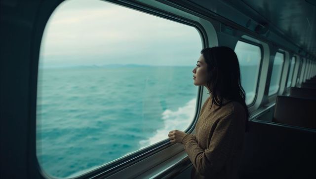 Asian woman gazing out ferry window at ocean wake wearing tan knit sweater, contemplative