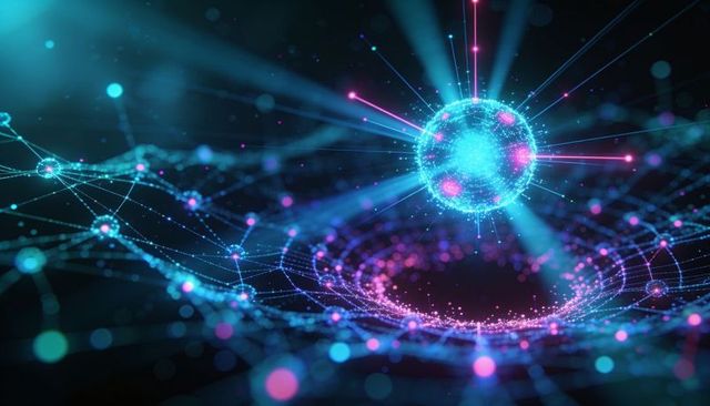 Radiating neon sphere emitting radial beams above digital vortex with connected data mesh