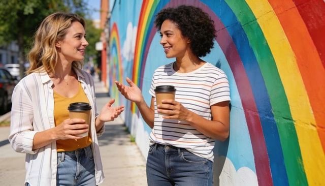 Two women chatting over coffee beside vibrant rainbow mural on sunlit urban sidewalk