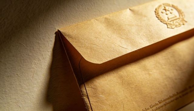 Closeup vintage kraft envelope with embossed laurel seal, textured fibers, warm lighting