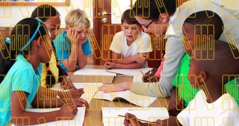 Diverse Students Engaged with Teacher in Classroom Learning