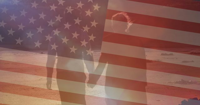 Patriotic Love: Couple Holding Hands with American Flag Overlay - Download Free Stock Images Pikwizard.com