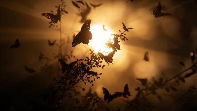 Perching butterflies clustering on flowering stems at golden sunrise backlight with bokeh