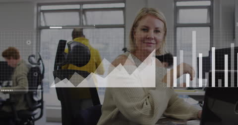Smiling Businesswoman with Data Processing Graphics in Modern Office