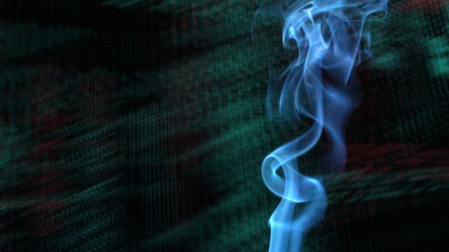 Abstract image of curling wisps of smoke overlaying a digital background filled with cascading data. Suitable for representing cutting-edge technology, data processing, cyber security themed projects, futuristic digital environments, or concepts of magic realism in tech-related settings.