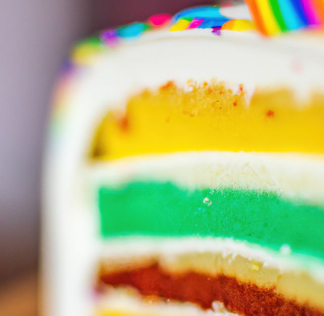 Image of close up of rainbow cake with multi coloured layers on plate. Fresh food, fast food, eating and breakfast concept.
