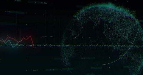 Globe Point-Cloud Dashboard Visualizing Global Data Streams with Neon Time-Series Chart