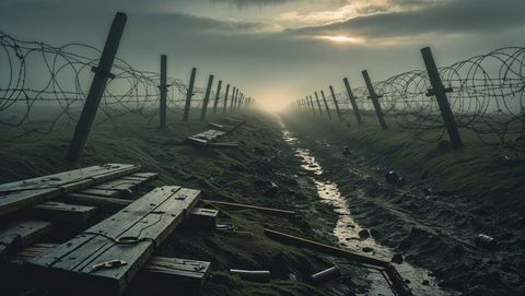 Foggy first world war trench with barbed wire in post-apocalyptic field