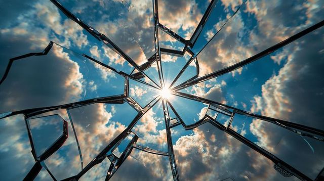 Glinting radial glass shards surrounding sunburst over dramatic cumulus blue sky