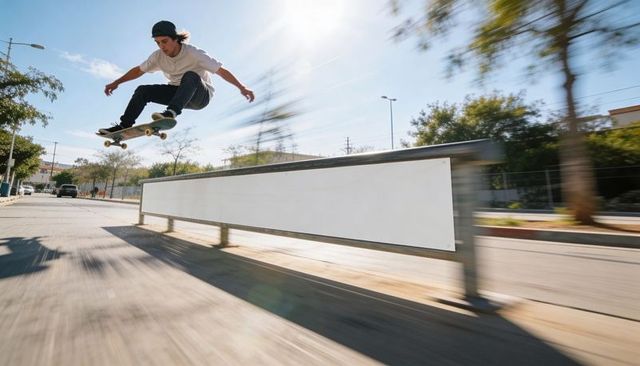 Skateboarder launching over urban bench during sunlit street session