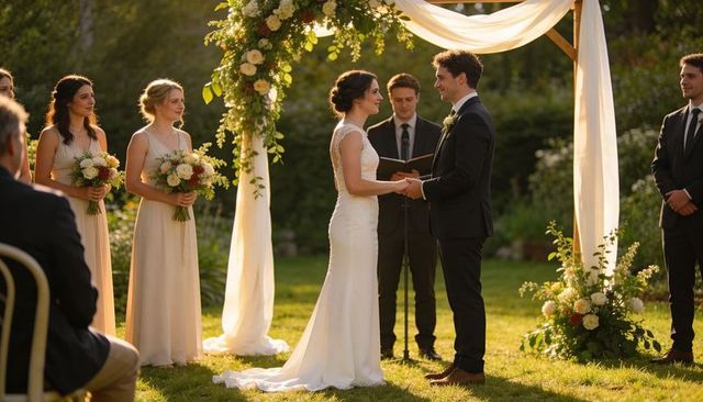 Romantic outdoor wedding ceremony exchanging vows under floral arch at golden hour