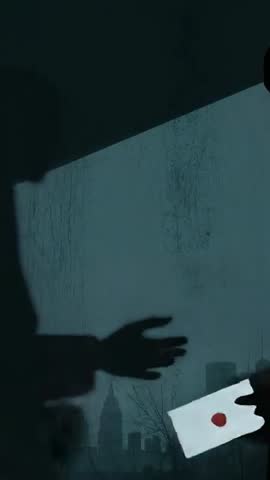 Vertical noir video: Shadowy exchange of red-sealed envelope between suited figures