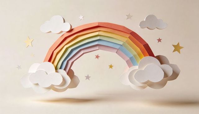 Handcut layered paper rainbow with clouds and gold stars pastel nursery and party decor