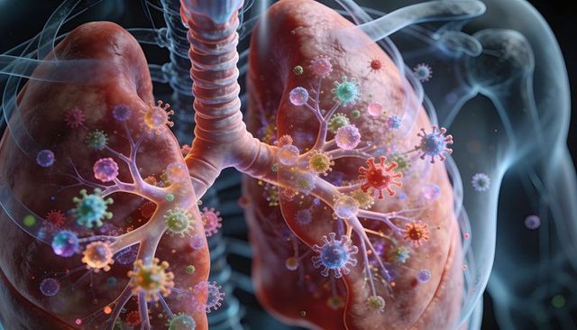 Human Lungs Under Viral Attack Showing Viral Particles in Bronchial Tree and Airway Infection