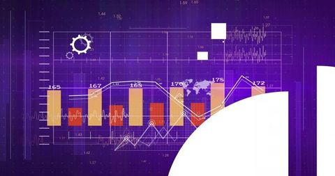 Displaying purple analytics dashboard with bar and line charts, world map and interface