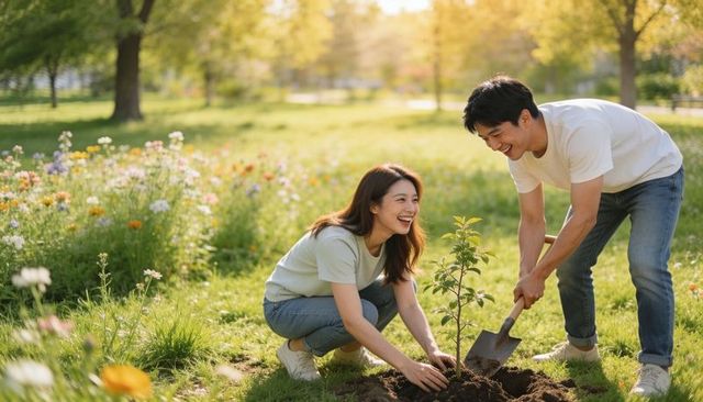 Young couple planting tree sapling in sunlit park during golden hour