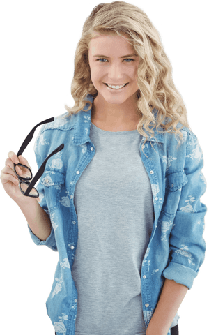 Smiling Woman Holding Transparent Eyeglasses in Office