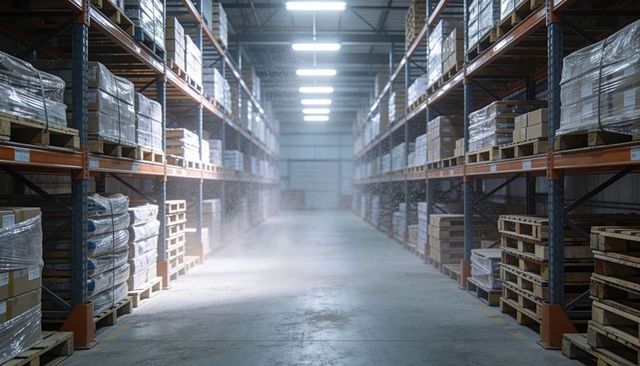 Central warehouse aisle with tall pallet racking, stacked pallets, dust and lighting