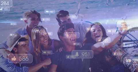 Group taking beach selfie on yacht with social media overlays and vibrant color