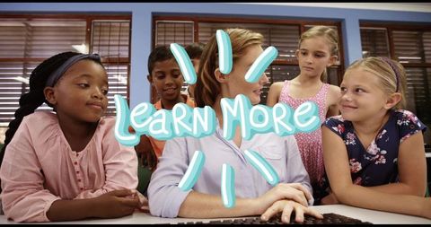 Teacher guiding elementary students at computer with learn more graphic for classroom tech