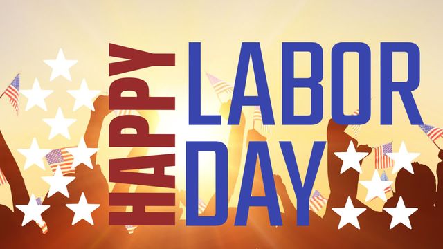 Silhouetted crowd cheering with USA flags and vibrant ‘Happy Labor Day’ text over a sunlit sky. Ideal for digital and social media campaigns during Labor Day, promoting holiday sales, adding festive touch to labor-related messages and celebrating American workforce.