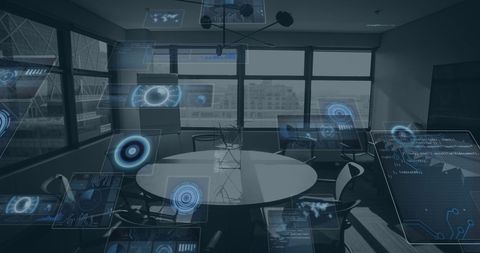 Futuristic data interfaces in modern empty office