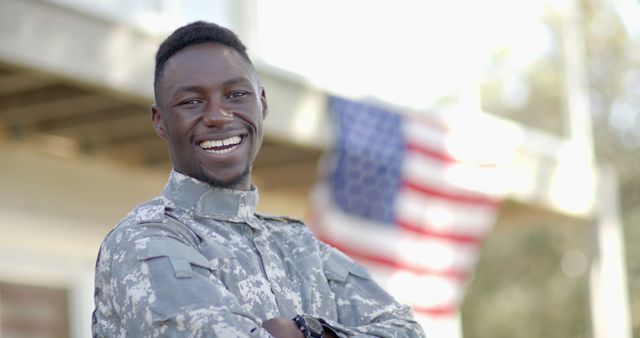 Smiling African American Soldier in Front of American Flag - Download Free Stock Images Pikwizard.com