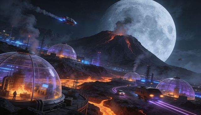 Erupting futuristic volcanic outpost with geodesic domes and neon roads under huge moon